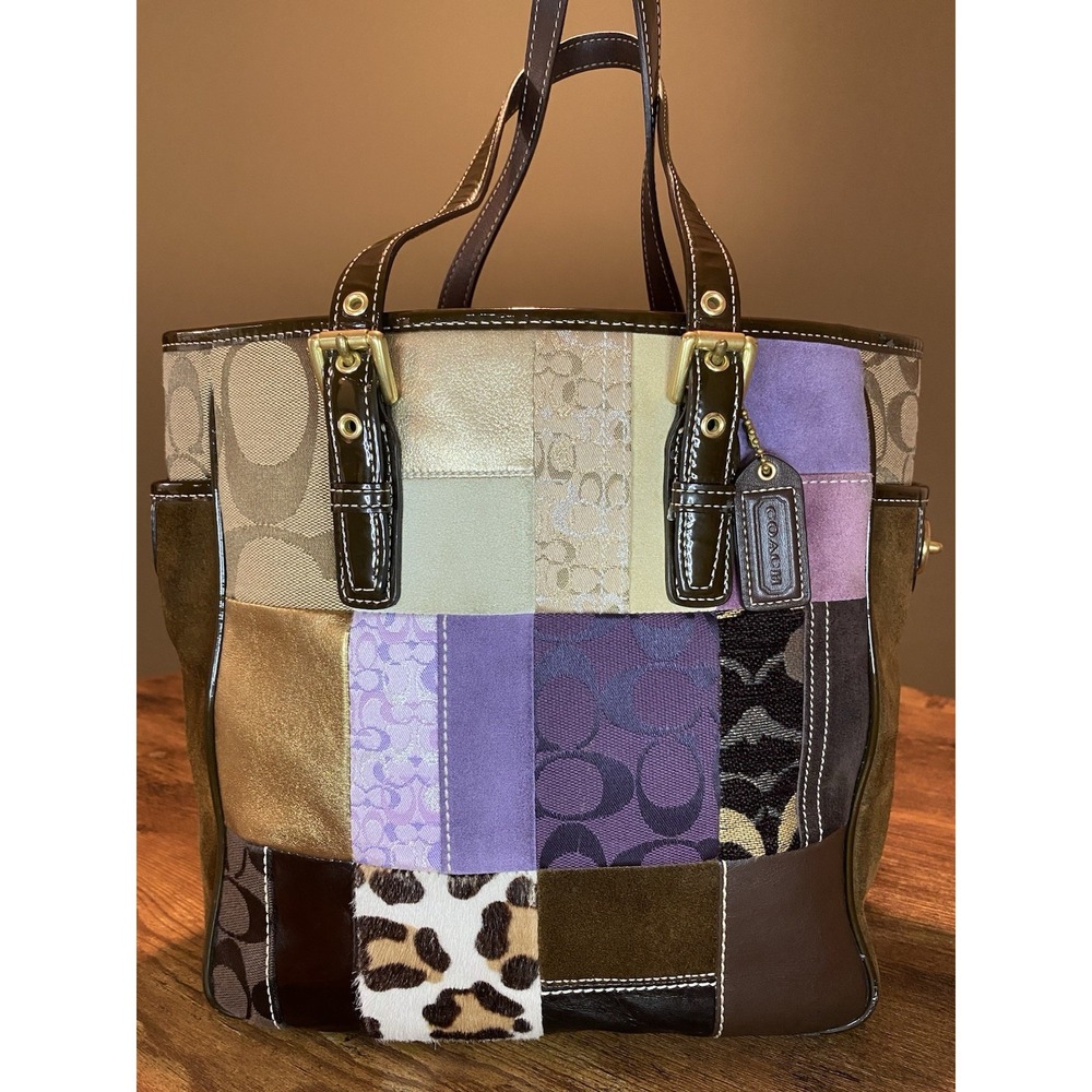 Coach Holiday Patchwork Eva Tote F10515 Y2K Suede Haircalf Bag Vintage 2006